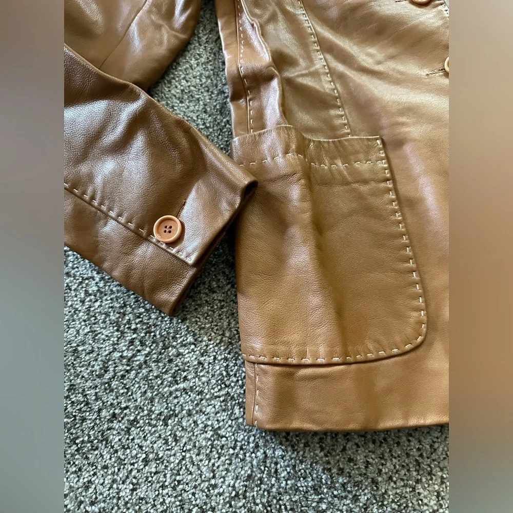 Theory Size M Medium Cognac Caramel Leather Jacket White Stitching R $995